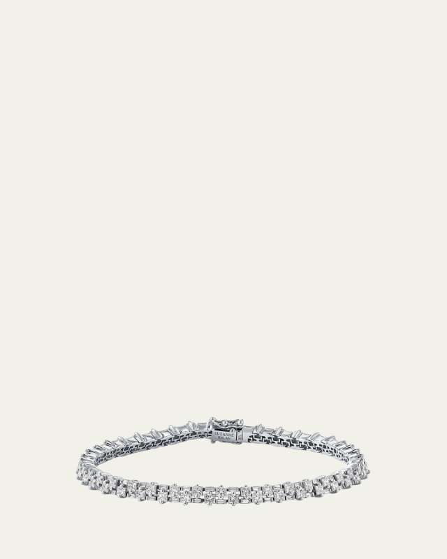 18K White Gold Flexible Tennis Bracelet with Princess Cut and Baguette Diamonds
